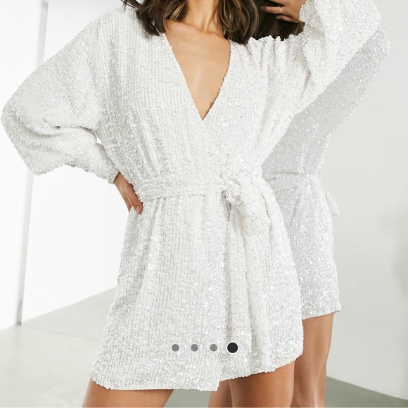Sequin Wrap Mini Dress in White - Picture 1 of 4